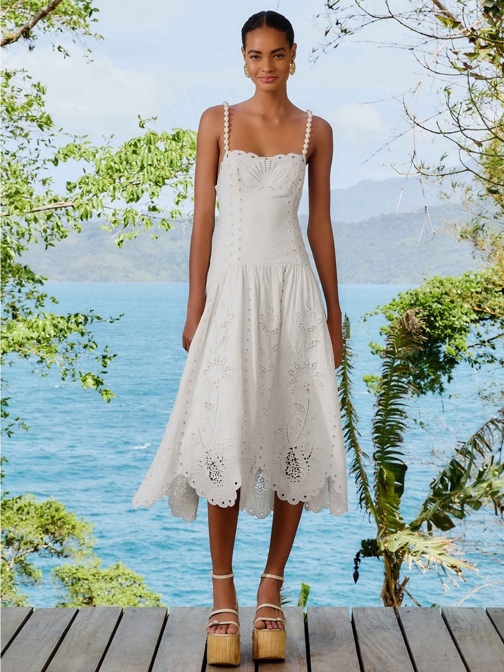 Farm Rio Off-White Richelieu Eyelet Embroidered Midi Dress Size L NWT